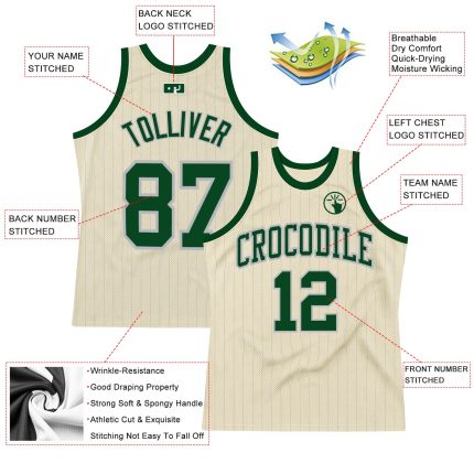 Custom Basketball Jersey with Personalized Name and Number, Cream Gray Pinstripe Green Design Personalized Cream Gray Pinstripe