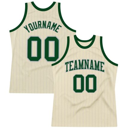 Customizable Green Basketball Jersey with Cream Gray Pinstripe Design Personalized Cream Gray Pinstripe Green Basketball