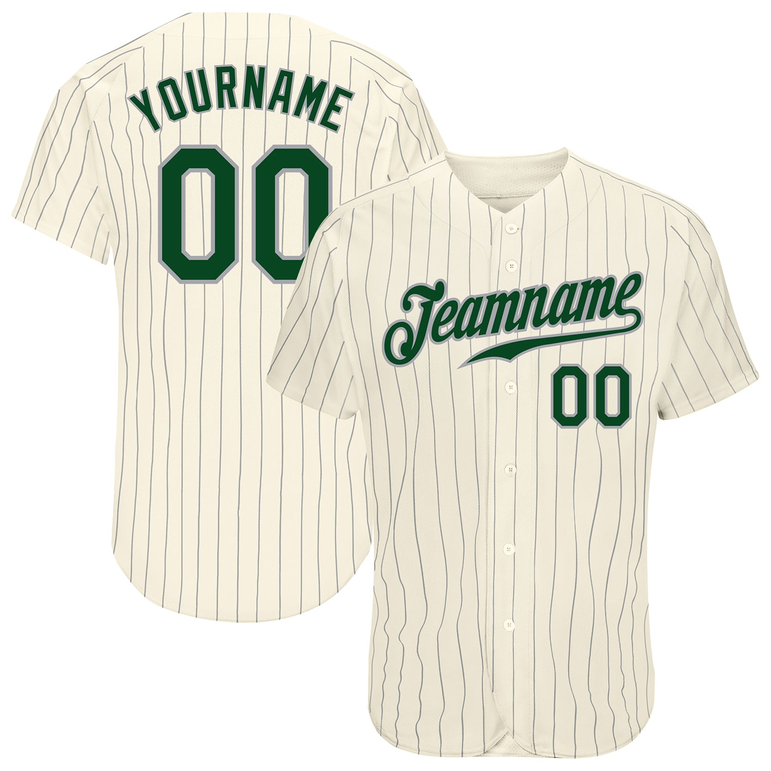 Personalized Green Gray Authentic Baseball Jersey with Custom Name and Number - Cream Pinstripe Design Personalized Cream