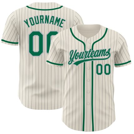 Personalized Kelly Green Baseball Jersey with Cream Gray Pinstripe Design Personalized Cream Gray Pinstripe Kelly Green Baseball