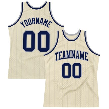 Personalized Navy Basketball Jersey with Cream Gray Pinstripe Design Personalized Cream Gray Pinstripe Navy Basketball Jersey