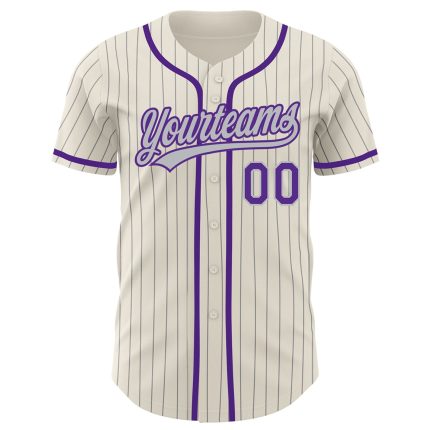 Custom Baseball Jersey - Personalized Gray Cream Pinstripe with Purple Name & Number Personalized Cream Gray Pinstripe Purple