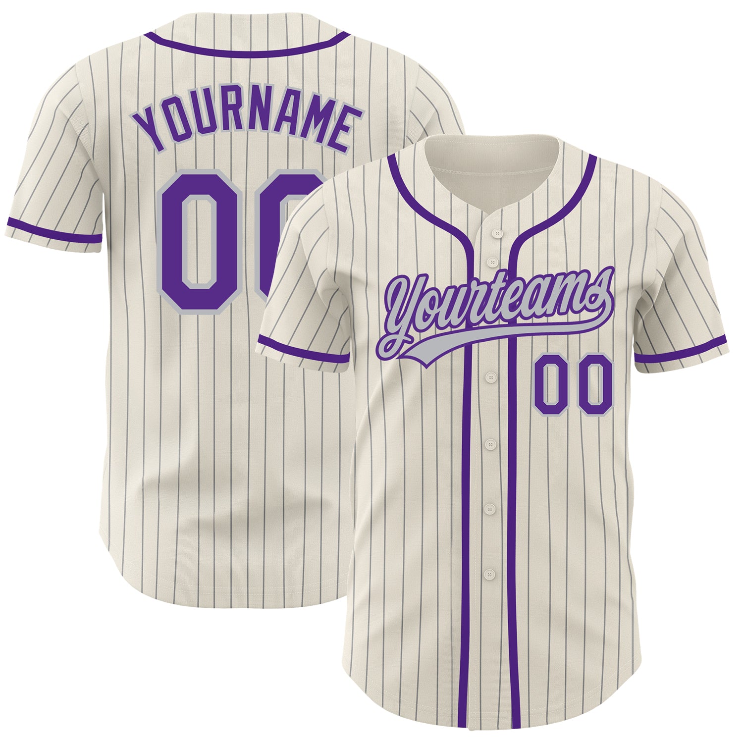 Custom Baseball Jersey - Personalized Gray Cream Pinstripe with Purple Name & Number Personalized Cream Gray Pinstripe Purple