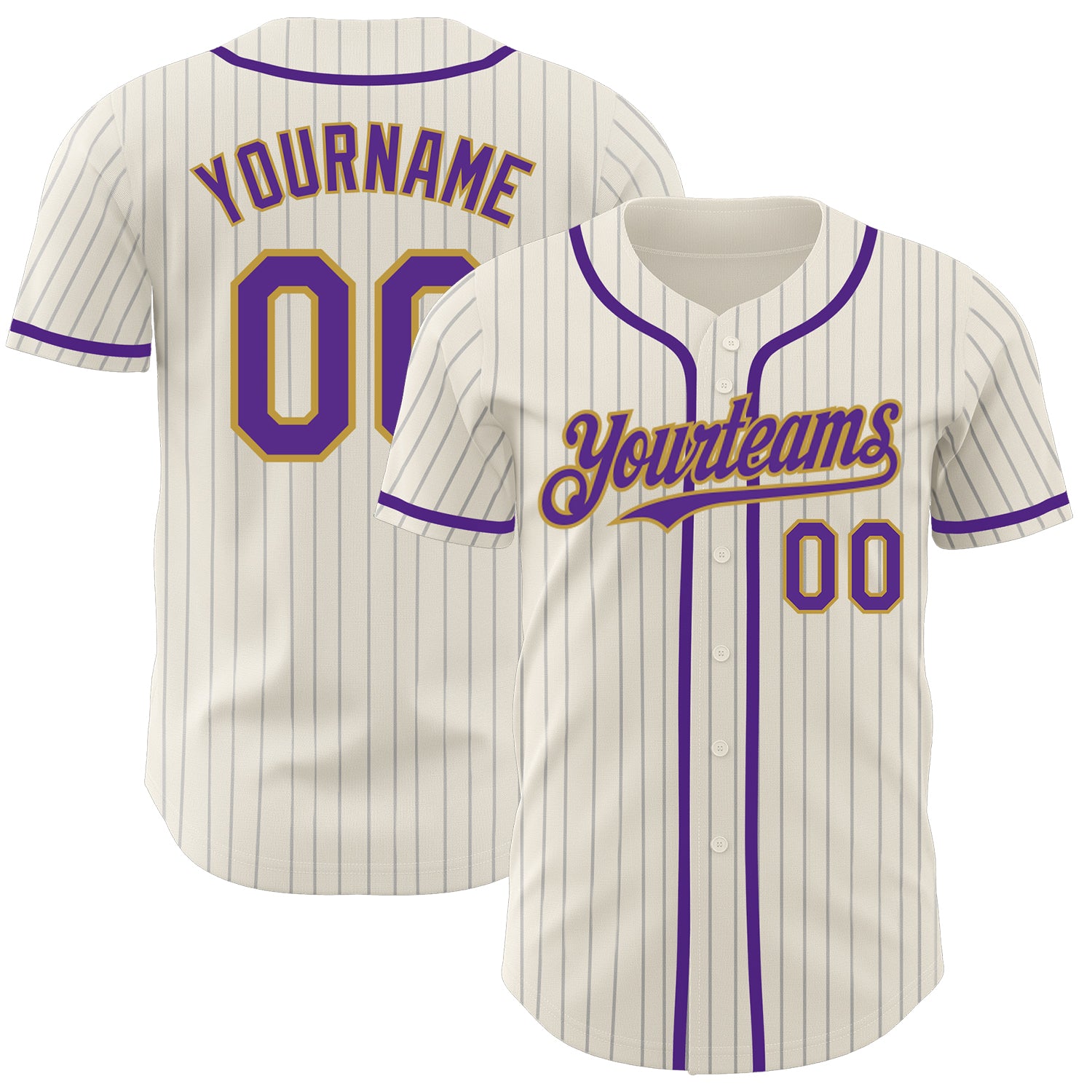 Custom Cream Gray Pinstripe Baseball Jersey with Purple and Old Gold Accents, Personalized Name and Number Personalized Cream