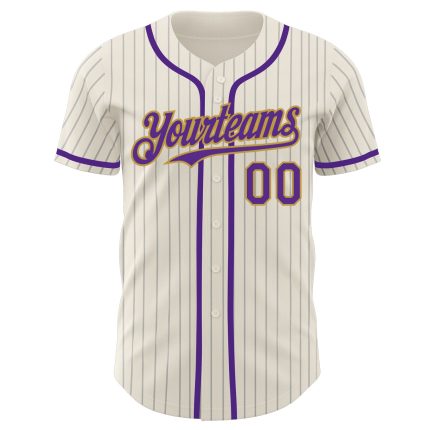 Personalized Pinstripe Baseball Jersey - Cream Gray with Purple and Old Gold Personalized Cream Gray Pinstripe Purple-Old