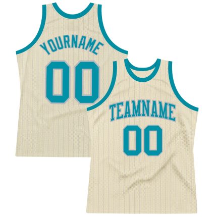 Personalized Teal Basketball Jersey with Cream Gray Pinstripe Design Personalized Cream Gray Pinstripe Teal Basketball Jersey