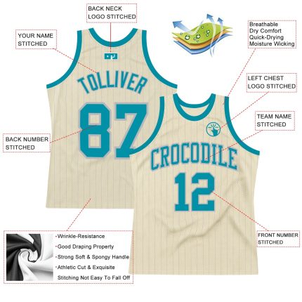 Personalized Teal Basketball Jersey with Cream Gray Pinstripe Design Personalized Cream Gray Pinstripe Teal Basketball Jersey