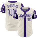 Personalized Baseball Jersey in Cream Gray and Purple with 3 Color Arm Shapes Personalized Cream Gray-Purple 3 Colors Arm