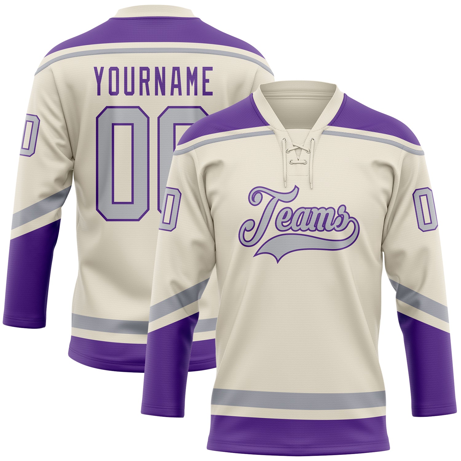 Custom Hockey Jersey with Personalized Name & Number in Cream Gray-Purple Lace Design Personalized Cream Gray-Purple Hockey
