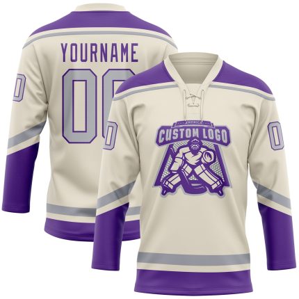 Custom Hockey Jersey with Personalized Name & Number in Cream Gray-Purple Lace Design Personalized Cream Gray-Purple Hockey
