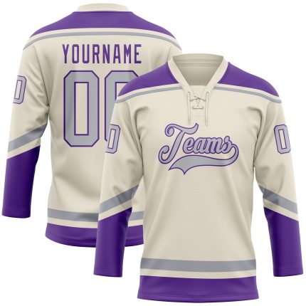 Personalized Cream Gray Purple Hockey Jersey with Lace Neck Design Personalized Cream Gray-Purple Hockey Lace Neck Jersey