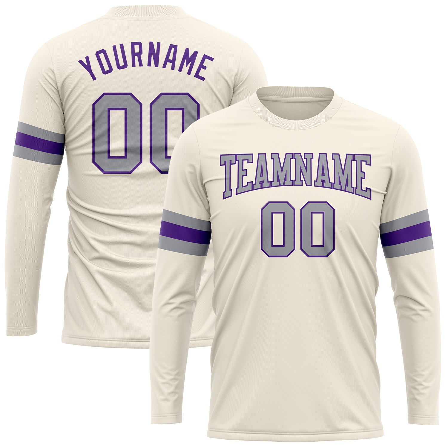 Custom Team Long Sleeve Performance T-Shirt with Name and Number in Cream Gray-Purple Personalized Cream Gray-Purple Long