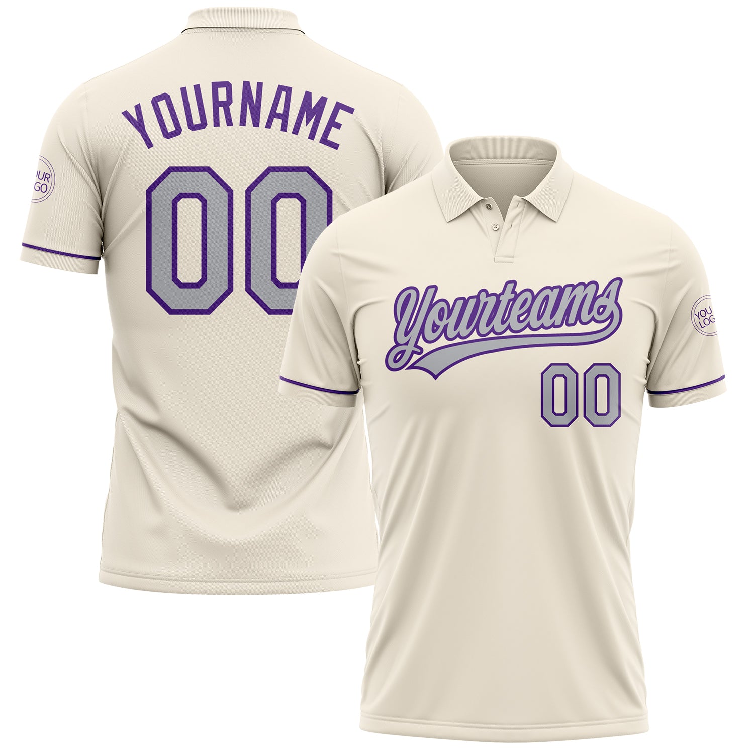 Custom Team Name Number Cream Gray Purple Vapor Golf Polo Shirt Performance Personalized Cream Gray-Purple Performance Vapor
