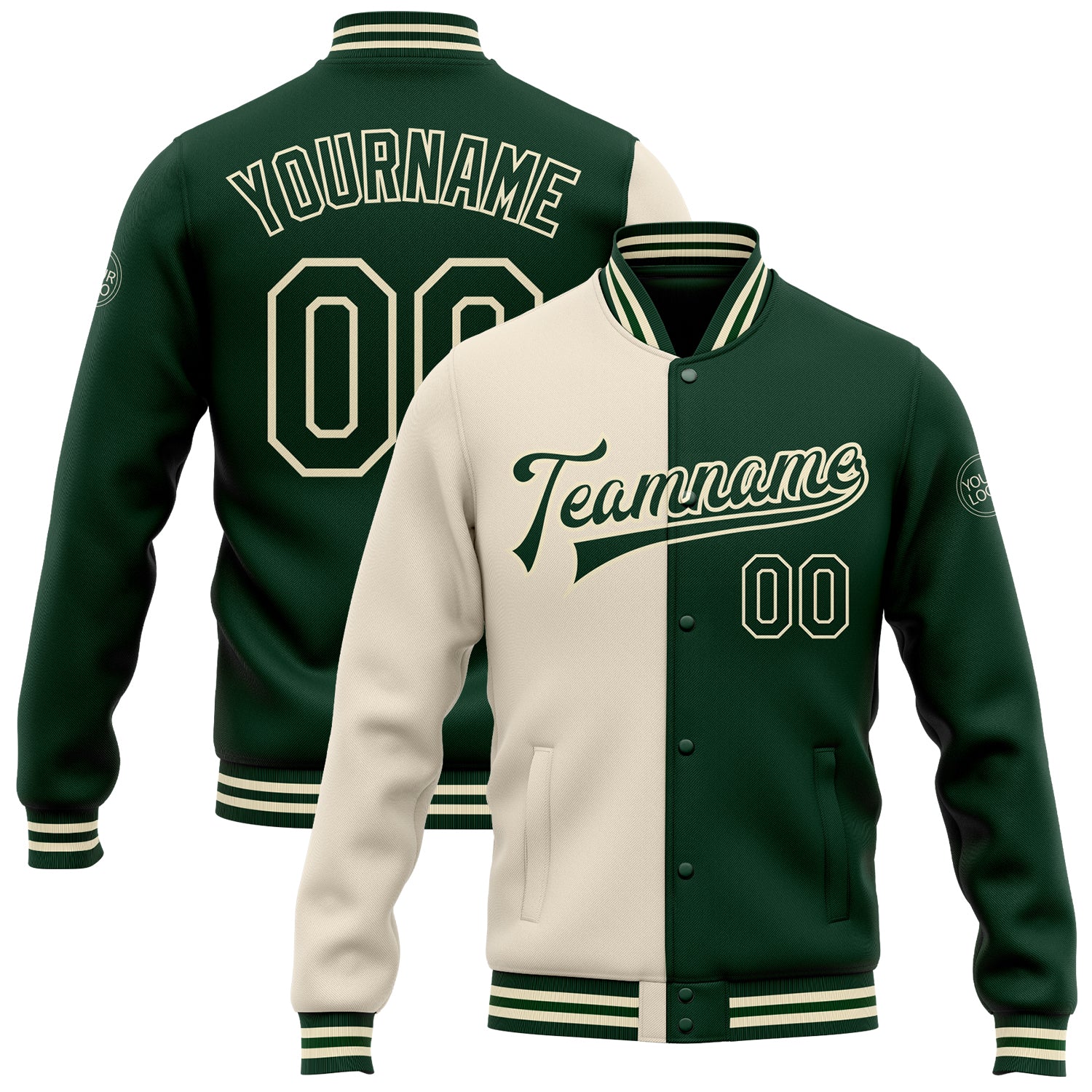 Customizable Cream Green Varsity Letterman Jacket with Name and Number - Full-Snap Bomber Fashion Jacket Personalized Cream