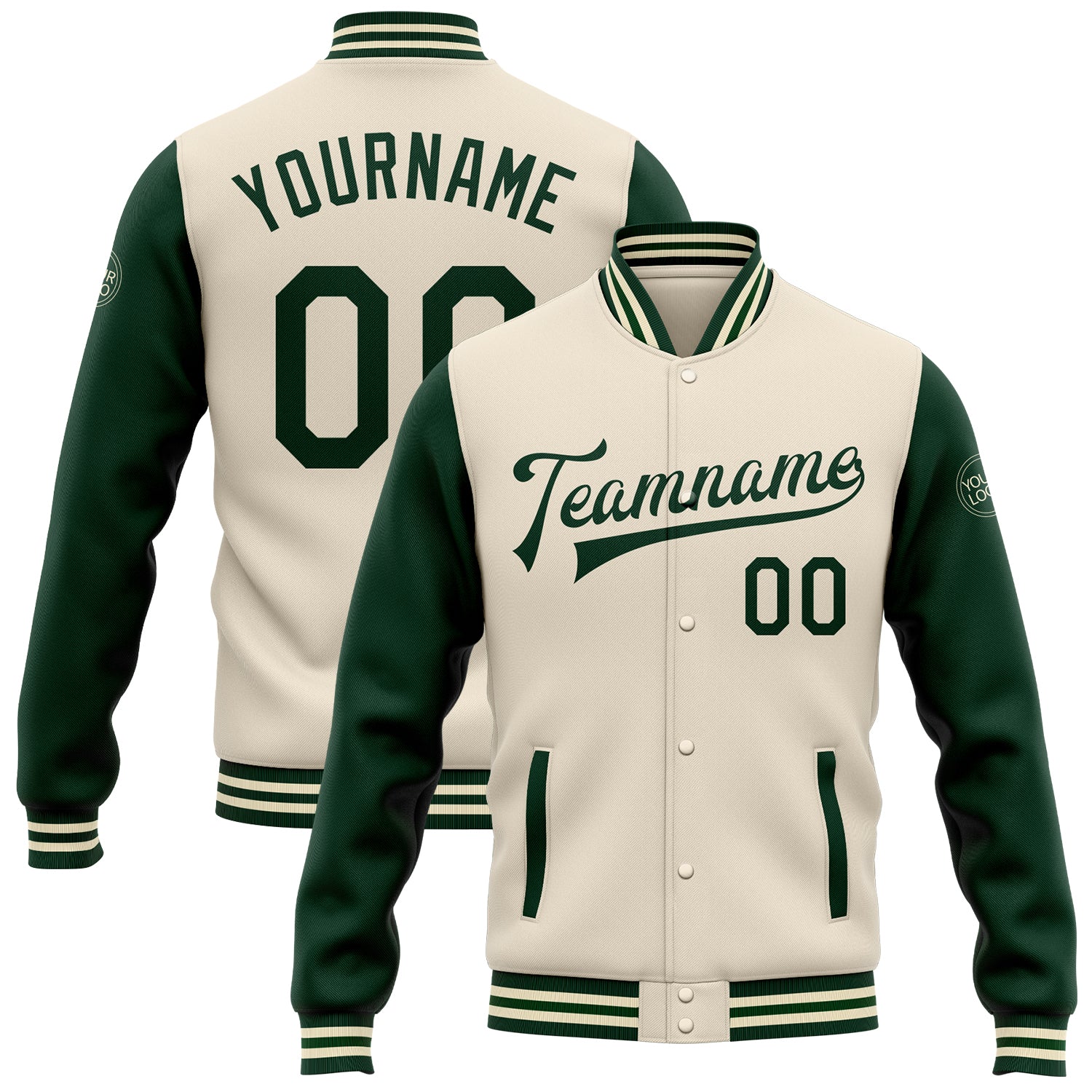Custom Team Name and Number Personalized Two-Tone Cream Green Varsity Letterman Full-Snap Bomber Jacket Personalized Cream