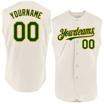Personalized Cream Green Gold Baseball Jersey - Authentic Sleeveless Design Personalized Cream Green-Gold Authentic Sleeveless