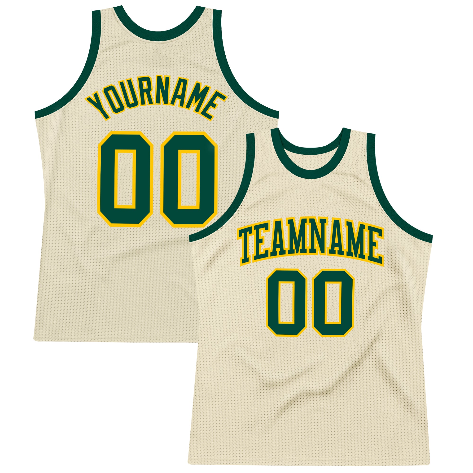 Custom Green-Gold Basketball Jersey with Personalized Name and Number - Authentic Throwback Style Personalized Cream Green-Gold