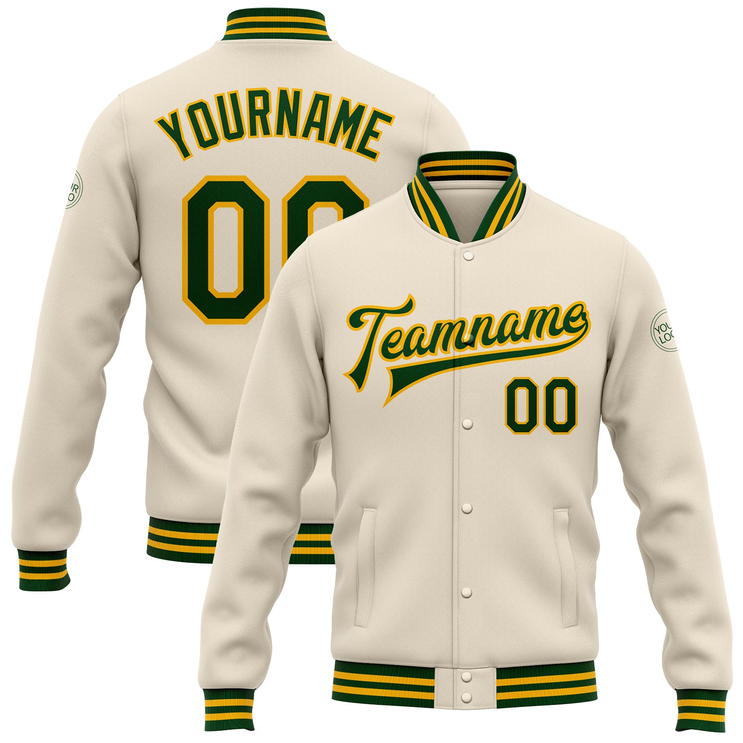 Custom Personalized Varsity Jacket with Name and Number in Cream Green-Gold Bomber Style Personalized Cream Green-Gold Bomber