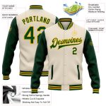 Custom Cream Green Gold Varsity Two Tone Bomber Jacket Full-Snap Letterman Personalized Cream Green-Gold Bomber Full-Snap