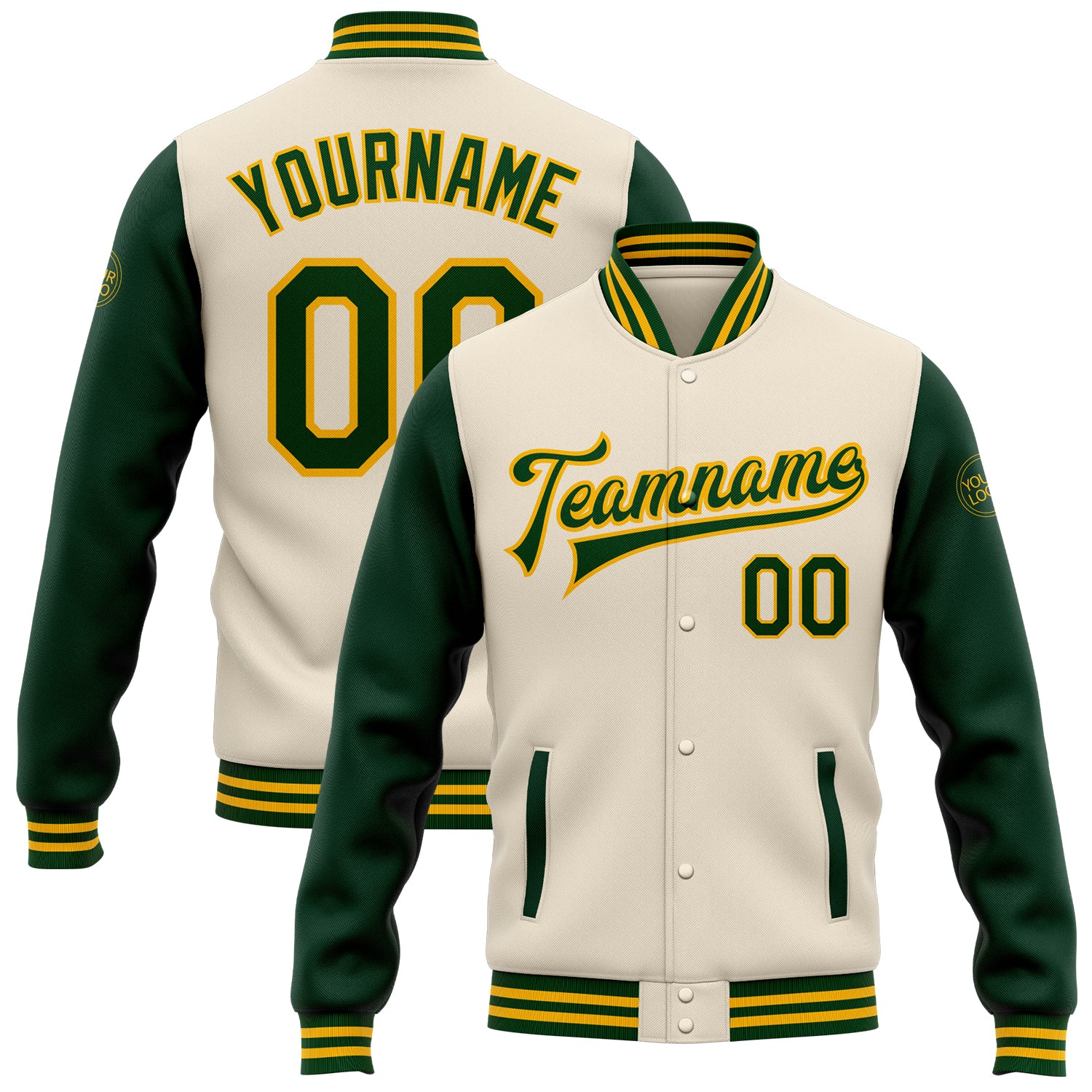 Custom Cream Green Gold Varsity Two Tone Bomber Jacket Full-Snap Letterman Personalized Cream Green-Gold Bomber Full-Snap