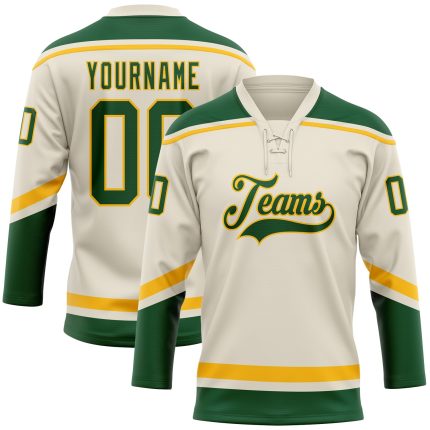 Personalized Green Gold Hockey Jersey with Lace Neck Design - Custom Cream Color Personalized Cream Green-Gold Hockey Lace