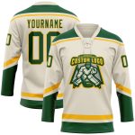 Custom Name and Number Hockey Jersey in Cream Green-Gold Lace Neck - Personalized Team Gear Personalized Cream Green-Gold