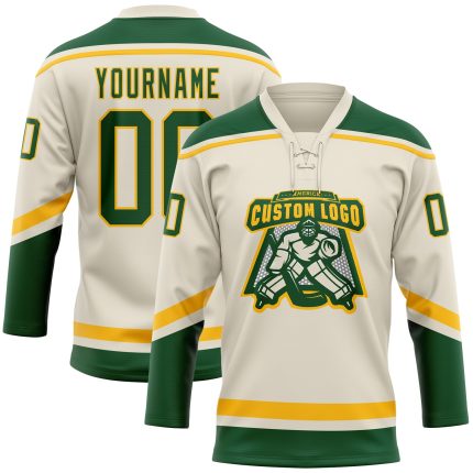 Custom Name and Number Hockey Jersey in Cream Green-Gold Lace Neck - Personalized Team Gear Personalized Cream Green-Gold