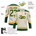 Custom Name and Number Hockey Jersey in Cream Green-Gold Lace Neck - Personalized Team Gear Personalized Cream Green-Gold