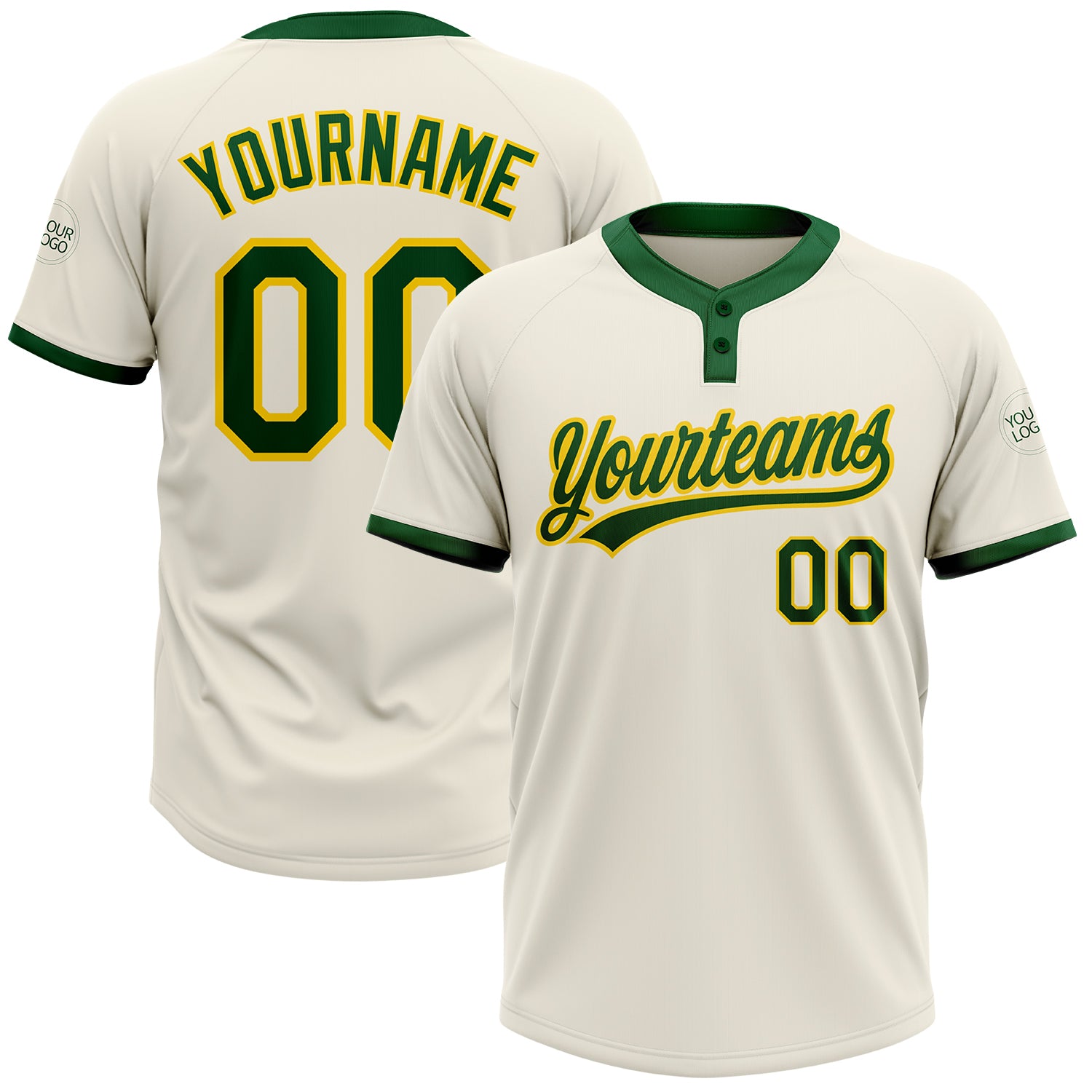 Custom Name and Number Unisex Softball Jersey in Cream Green-Gold Two-Button Design Personalized Cream Green-Gold Two-Button
