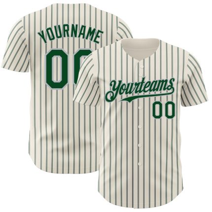 Custom Name and Number Authentic Baseball Jersey in Green Gray Pinstripe - Personalized Cream Color Design Personalized Cream