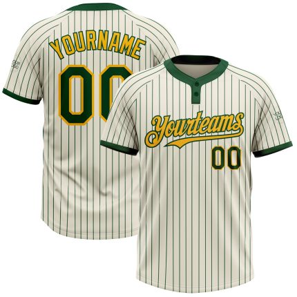 Personalized Cream Green Pinstripe Gold Softball Jersey Unisex Two-Button Design Personalized Cream Green Pinstripe Gold