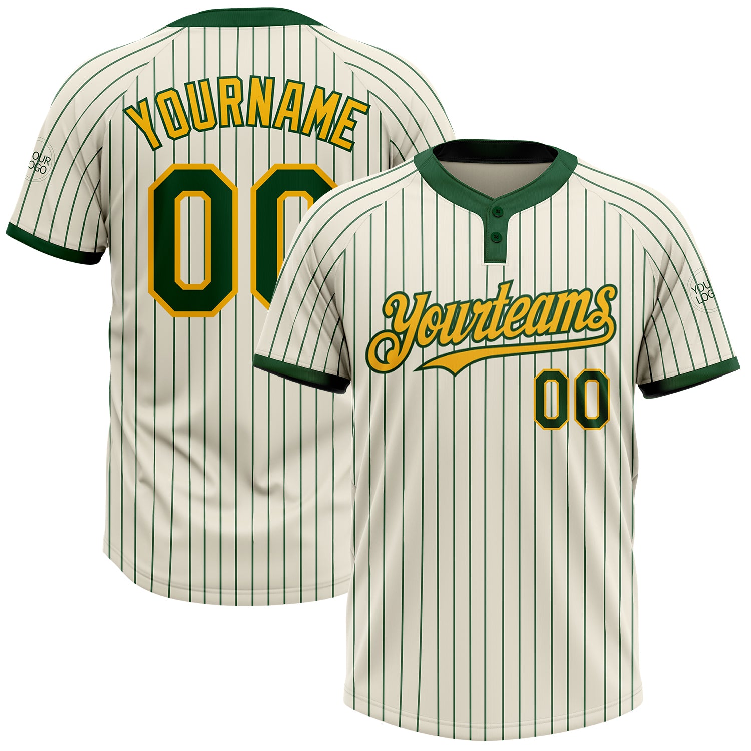 Personalized Cream Green Pinstripe Gold Softball Jersey Unisex Two-Button Design Personalized Cream Green Pinstripe Gold