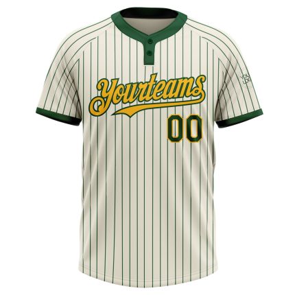 Custom Unisex Softball Jersey with Personalized Name & Number, Cream Green Pinstripe Gold, Two-Button Design Personalized