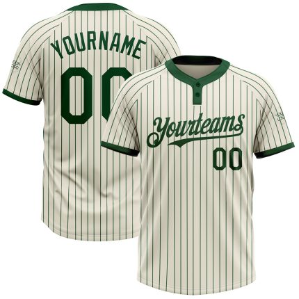 Personalized Unisex Softball Jersey - Cream Green Pinstripe Two-Button Design Personalized Cream Green Pinstripe Green Two-Button