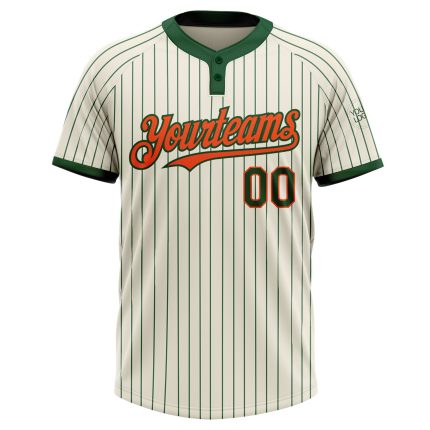Custom Cream Green Pinstripe Unisex Softball Jersey with Orange Accents - Two-Button Design Personalized Cream Green Pinstripe
