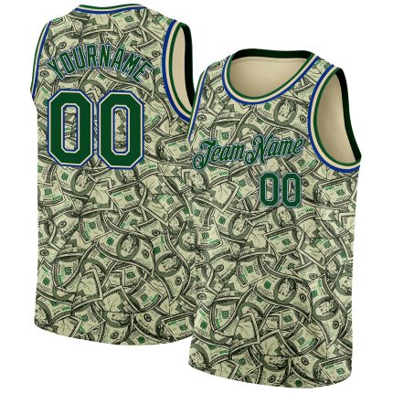 Personalized 3D Dollar Basketball Jersey in Cream Green-Royal - Custom Sports Apparel Personalized Cream Green-Royal 3D Dollar