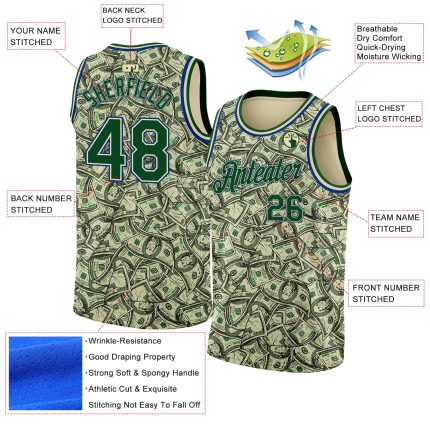 Custom Personalized 3D Pattern Green-Royal Dollar Basketball Jersey with Name and Number Personalized Cream Green-Royal 3D