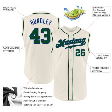Custom Name and Number Personalized Baseball Jersey in Cream Green-Royal - Authentic Sleeveless Design Personalized Cream