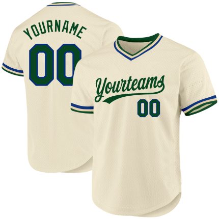 Custom Name and Number Authentic Throwback Baseball Jersey in Cream Green-Royal - Personalized Team Gear Personalized Cream