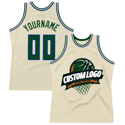 Personalized Authentic Basketball Jersey - Cream Green-Royal Throwback Design Personalized Cream Green-Royal Authentic Throwback