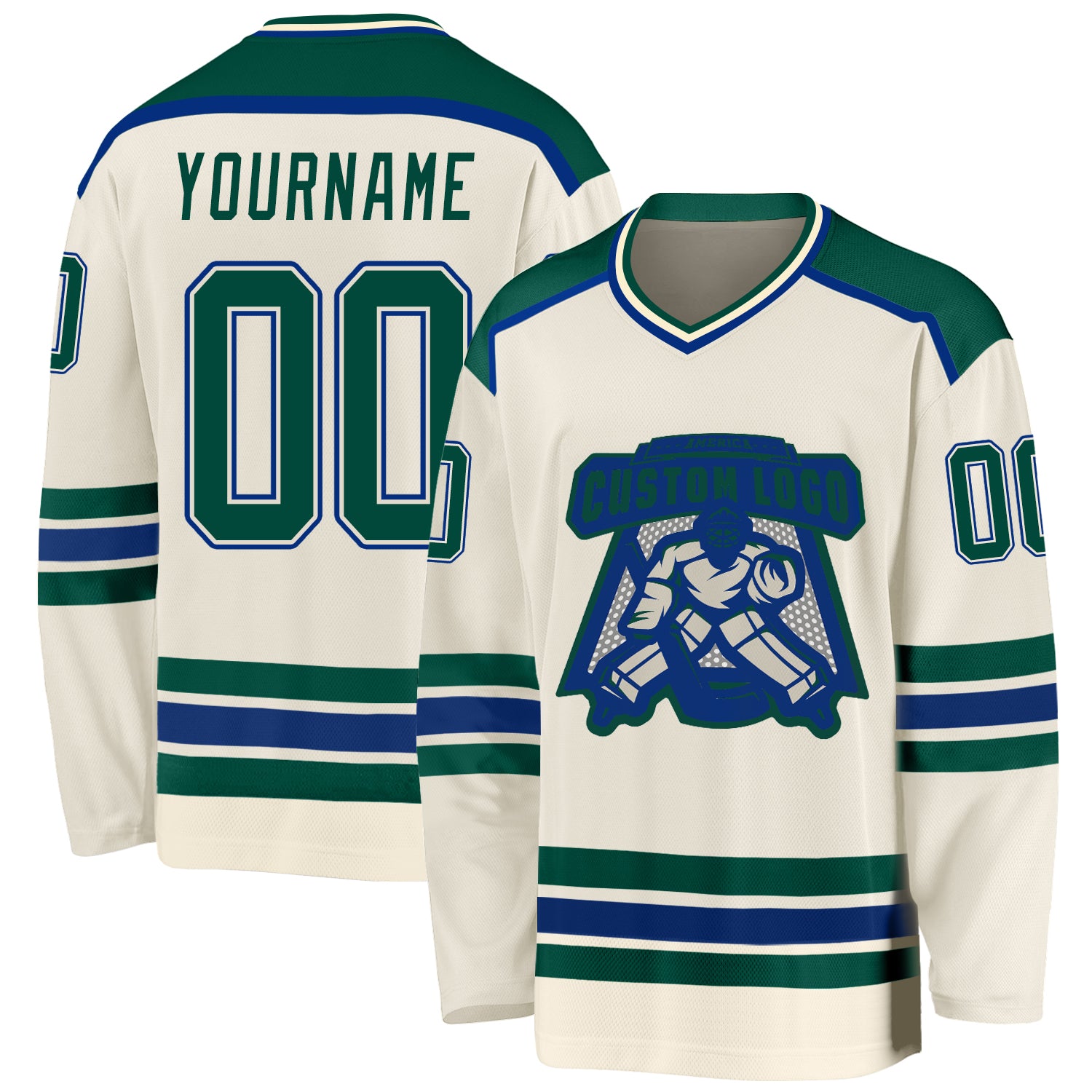 Personalized Green Royal Hockey Jersey - Custom Cream Color Team Gear Personalized Cream Green-Royal Hockey Jersey