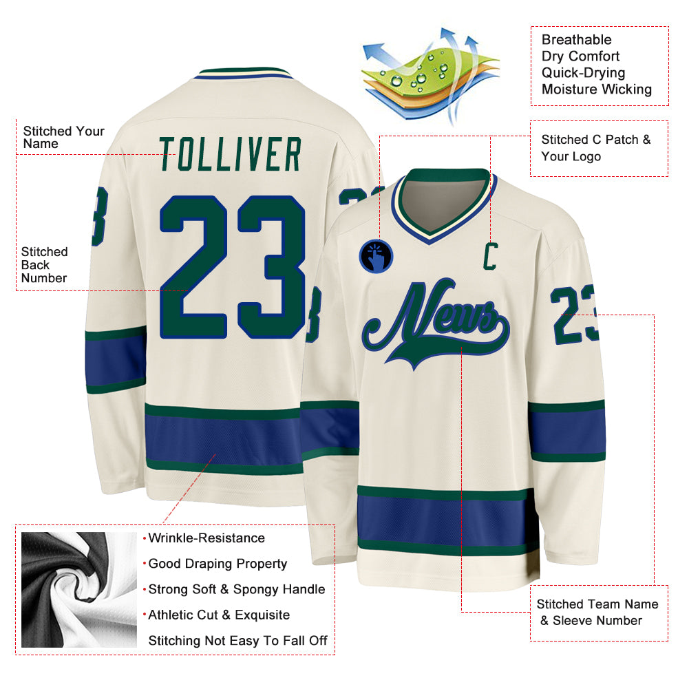 Personalized Cream Green-Royal Hockey Jersey Team Custom Name and Number Custom Name and Number Hockey Jersey Personalized Cream Green-Royal Team Apparel Personalized Cream Green-Royal Hockey Jersey - Image 2