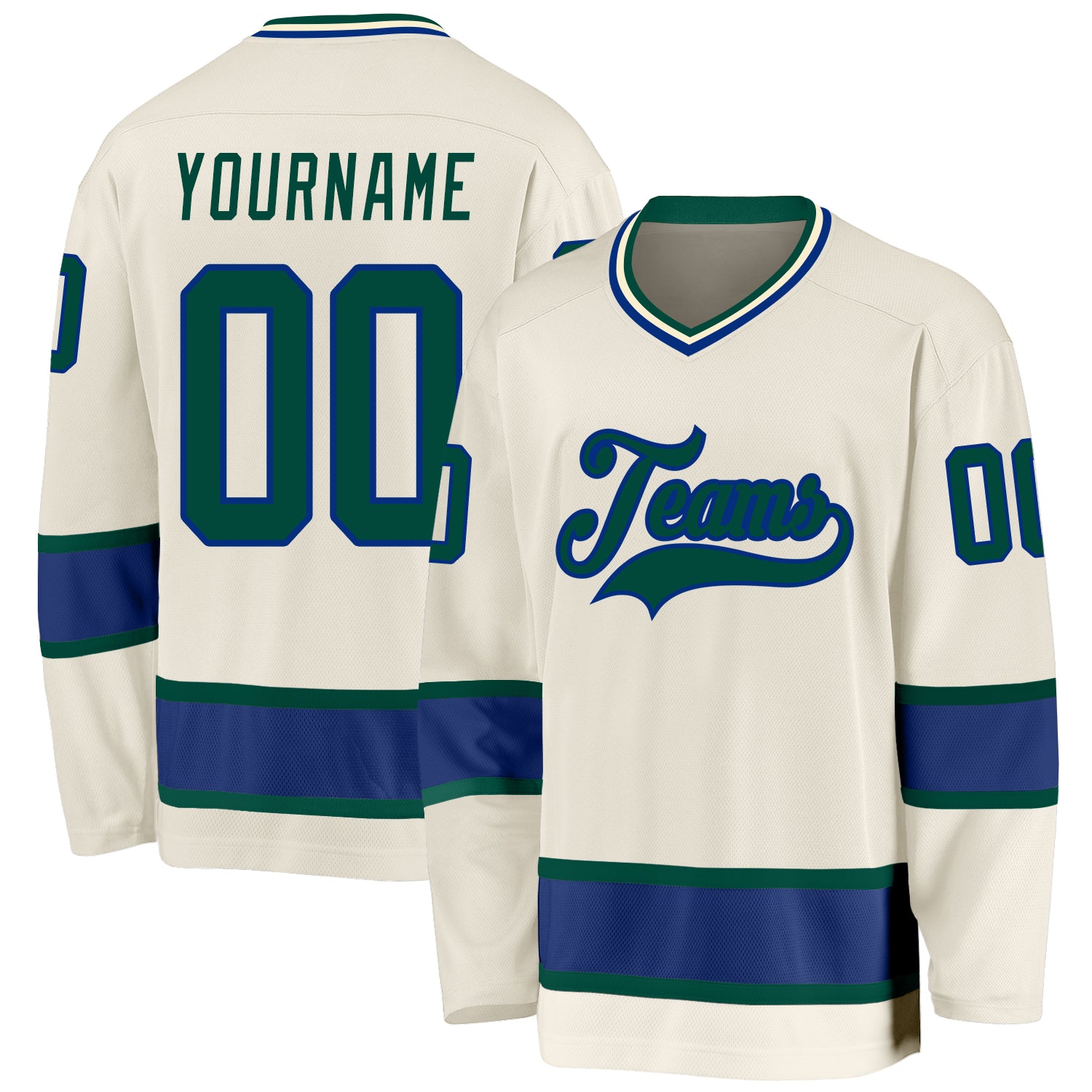 Custom Name and Number Hockey Jersey Personalized Cream Green-Royal Team Apparel Personalized Cream Green-Royal Hockey Jersey
