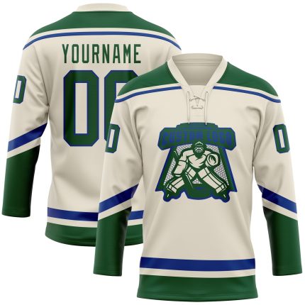 Personalized Royal Green Cream Hockey Jersey with Lace Neck Design Personalized Cream Green-Royal Hockey Lace Neck Jersey