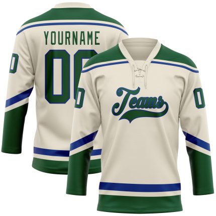 Personalized Royal Green Cream Hockey Jersey with Lace Neck Design Personalized Cream Green-Royal Hockey Lace Neck Jersey
