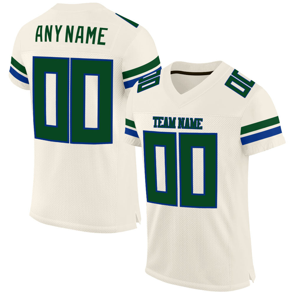 Custom Name and Number Authentic Football Jersey - Personalized Cream Green-Royal Mesh Team Apparel Personalized Cream Green-Royal