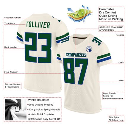 Custom Cream Green-Royal Football Jersey - Personalized Mesh Sports Apparel Personalized Cream Green-Royal Mesh Football