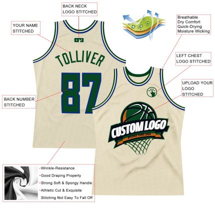 Personalized Green-Royal Throwback Basketball Jersey - Custom Cream Jersey for Fans Personalized Cream Green-Royal Throwback