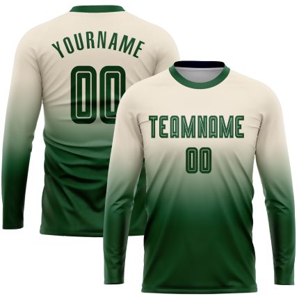 Custom Name and Number Personalized Cream Green Soccer Jersey for Teams - Long Sleeve Fade Fashion Uniform Personalized Cream