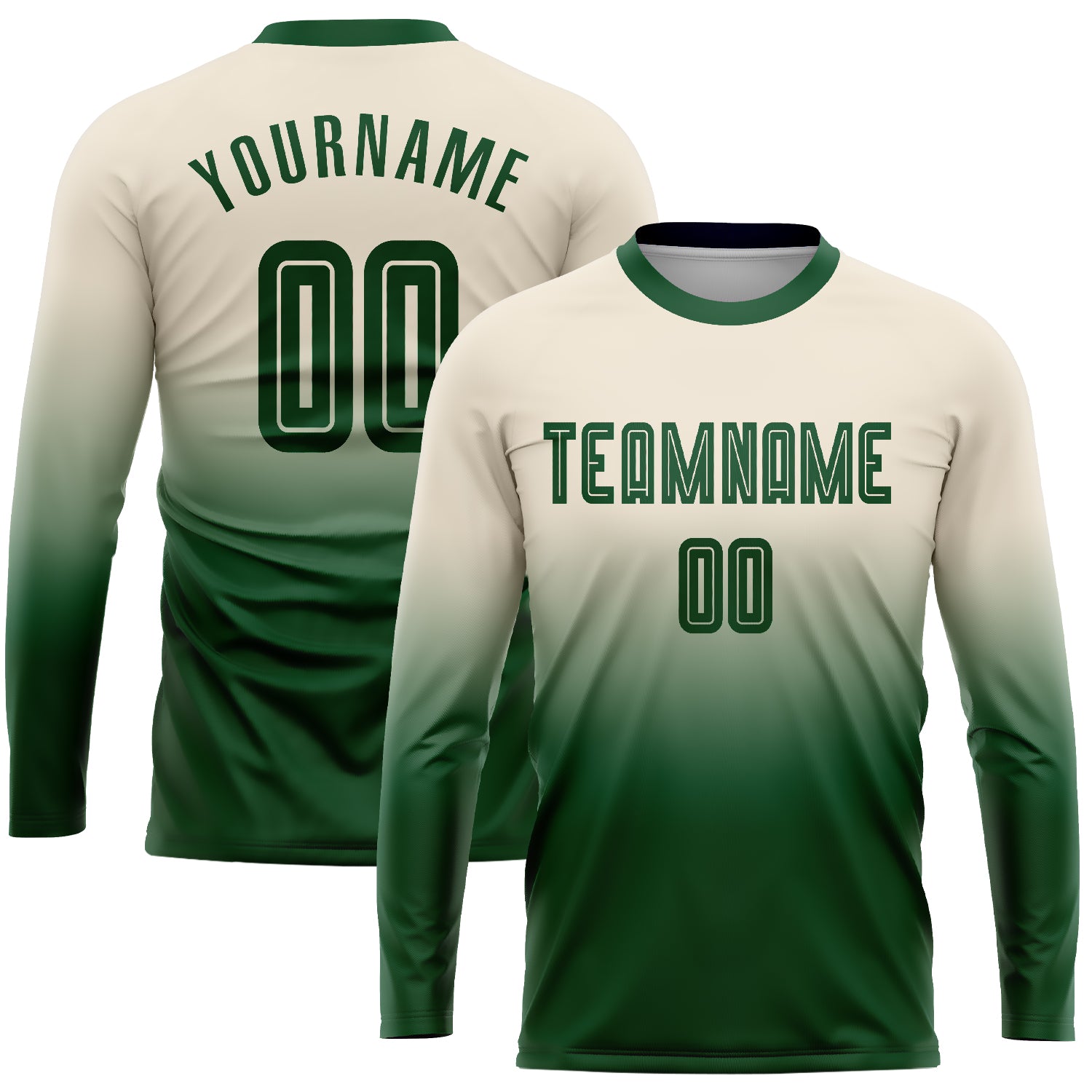 Custom Name and Number Personalized Cream Green Soccer Jersey for Teams - Long Sleeve Fade Fashion Uniform Personalized Cream